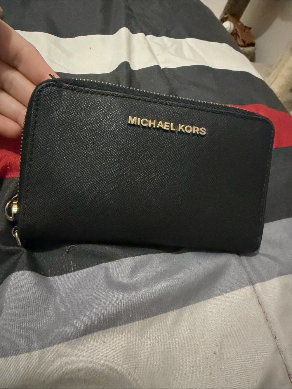 Michael Kors Black Zip Around Saffiano Wallet with Gold Logo